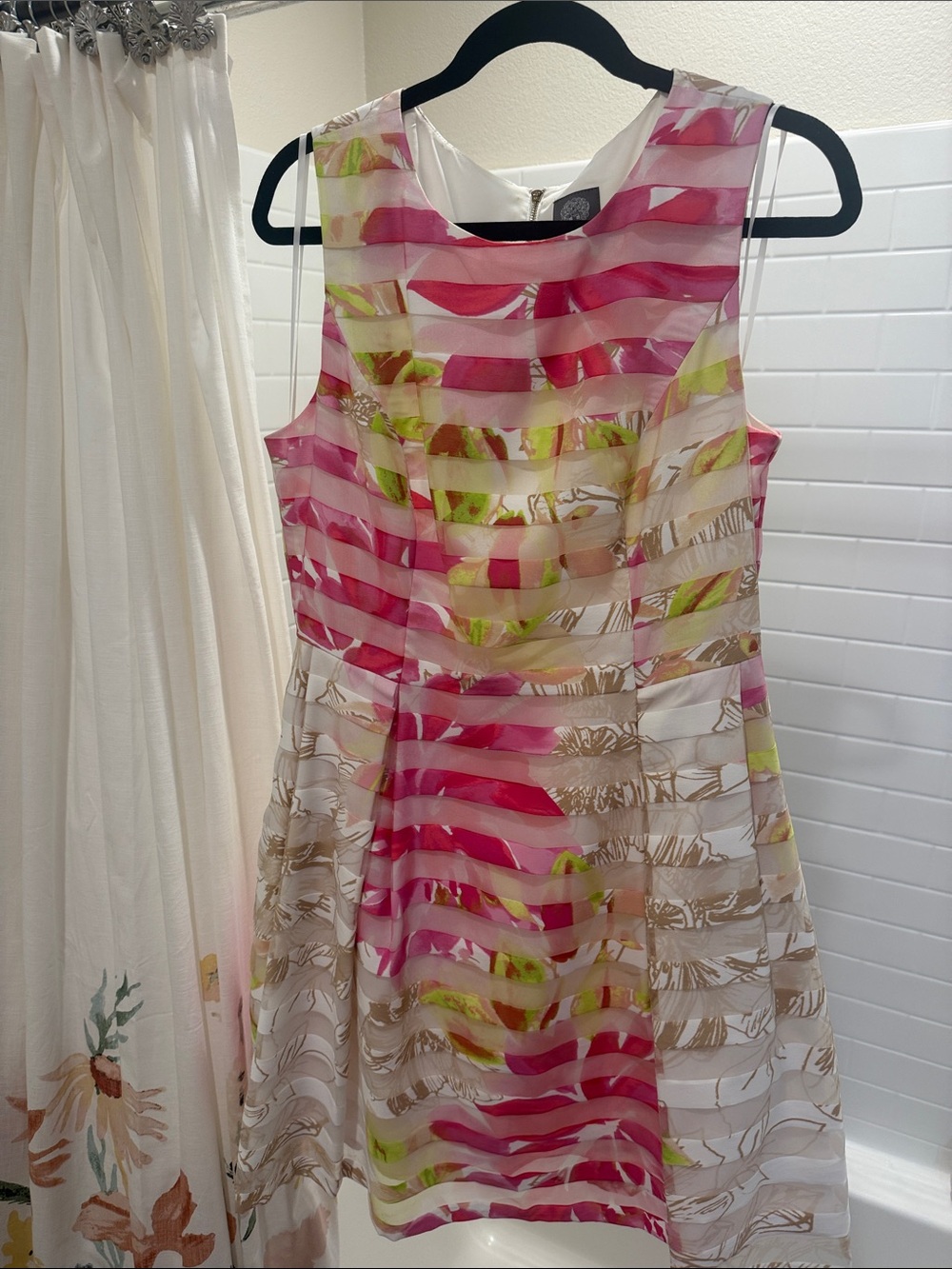Vince Camuto Pink, Cream & Lime Striped Floral Midi Dress